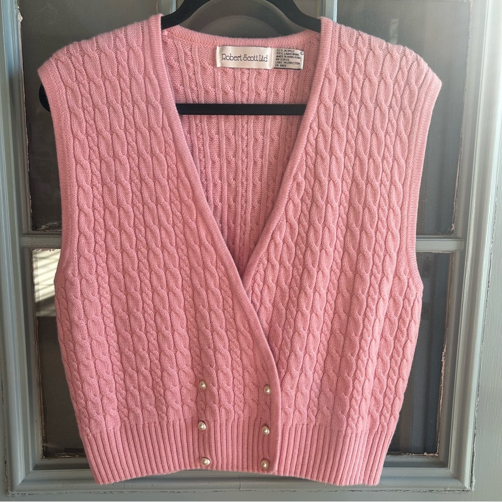 Vintage Wool Pink Cable Knit Sweater Vest Pearl Button V Neck Barbie Core Large